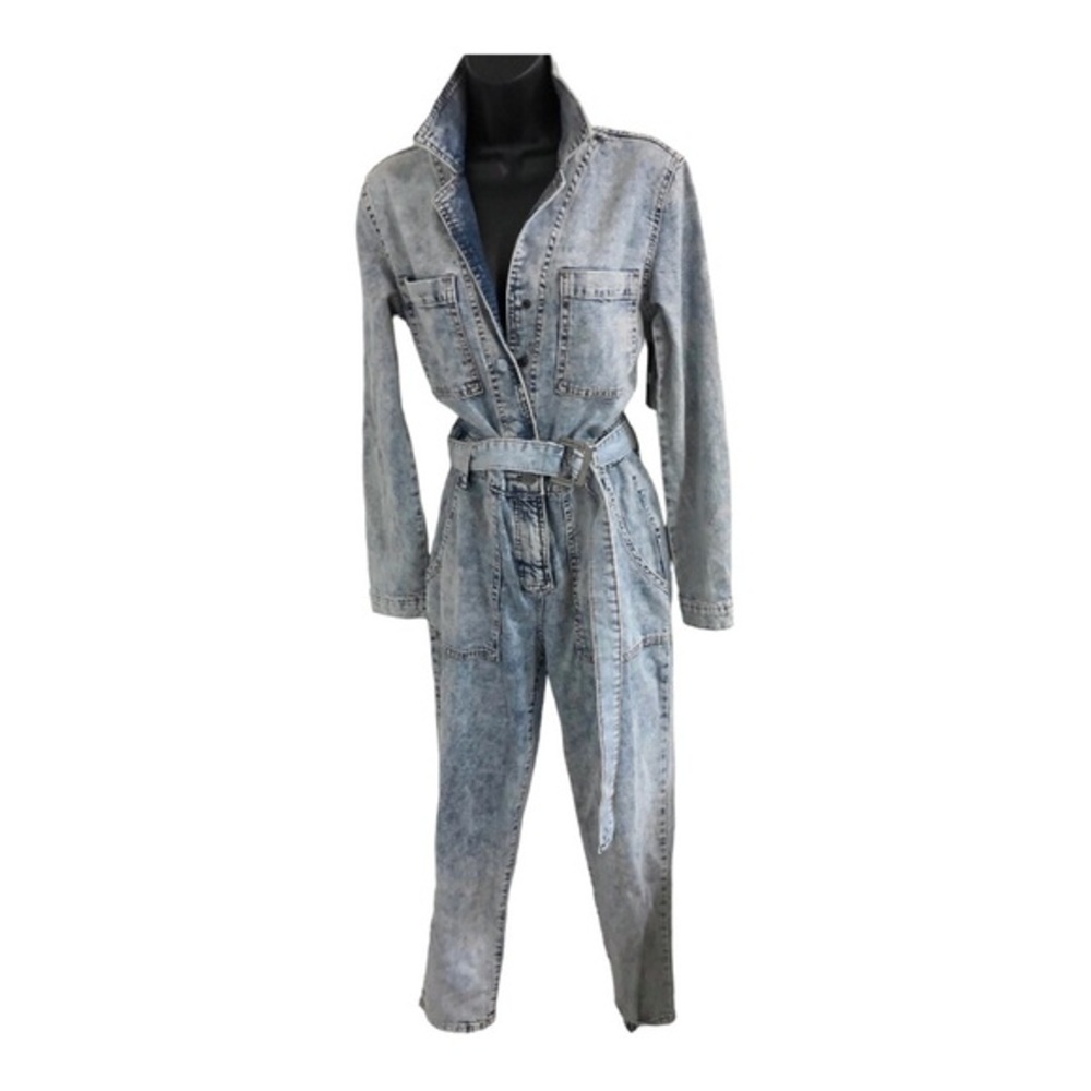 DKNY‎ acid wash jeans vintage look belted long sleeve denim jumpsuit size XS new